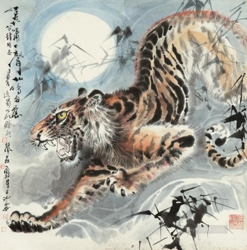  luna pintura - Tigre chino bajo la luna
